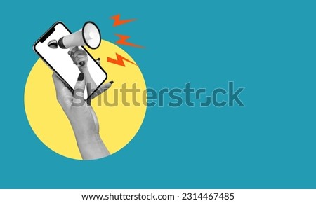 Collage of modern art. Modern design. A woman's hand with a megaphone sticking out on her phone screen, with room for advertising. The concept of Internet shopping, the World Wide Web and advertising