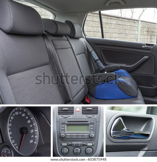Collage of modern car interior details with\
dashboard, speedometer, seat\
etc.