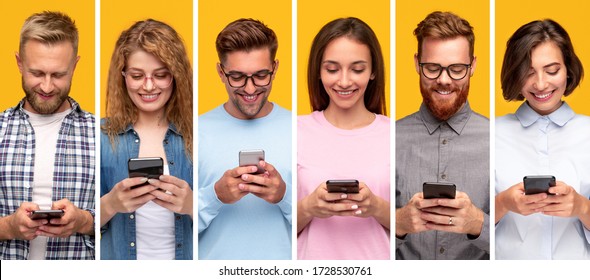 Collage of modern diverses men and women texten Nachrichten auf Smartphones und lächeln fröhlich vor gelbem Hintergrund