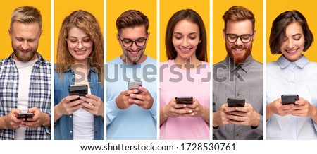 Collage of modern diverse men and women texting messages on smartphones and cheerfully smiling against yellow background