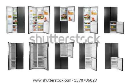 Collage of modern refrigerators on white background