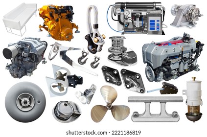 Collage Of Modern Yacht Equipment Isolated On White Background.