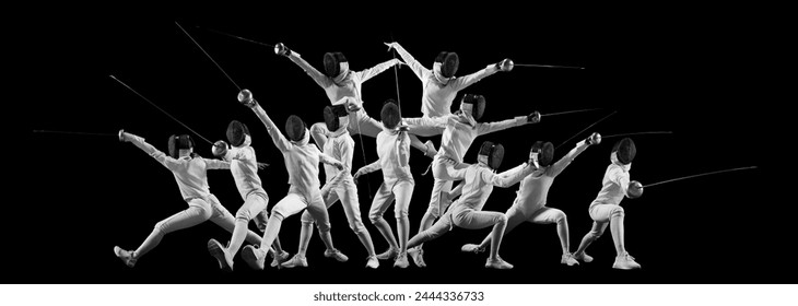 Collage in monochrome filter. Sequence of fencer's movements captured in multiple exposures against black background. Concept of professional sport, championship, match, tournament, world cup. Ad - Powered by Shutterstock