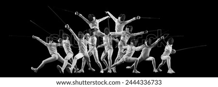 Collage in monochrome filter. Sequence of fencer's movements captured in multiple exposures against black background. Concept of professional sport, championship, match, tournament, world cup. Ad