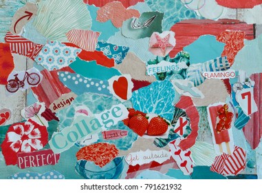 collage mood board with  blue, red, pink colors  with hearts, fruits, flowers and prints