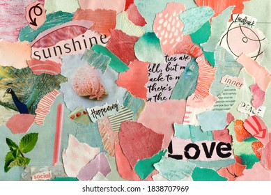 collage mood board with pink, turquoise summer love colors concept,. The sheet is made of teared old paper of magazines and printed matter