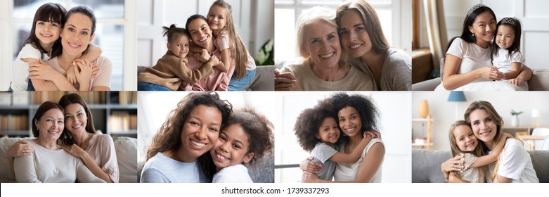 Collage mosaic banner with happy beautiful multiethnic diverse mommies and children cuddling looking at camera posing for family closeup headshot face portraits of moms with kids. Mothers day concept. - Shutterstock ID 1739337293