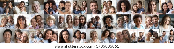 Collage mosaic of many happy multiracial people\
couples and families, old young generation adults and kids of\
diverse ethnicity faces headshots closeup portraits. Horizontal\
banner for website\
design.