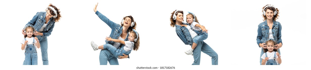 collage of mother and daughter listening music in headphones isolated on white, panoramic shot - Powered by Shutterstock