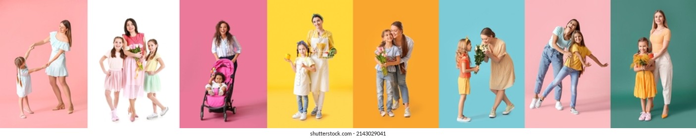 Collage with mothers and daughters on colorful background - Shutterstock ID 2143029041