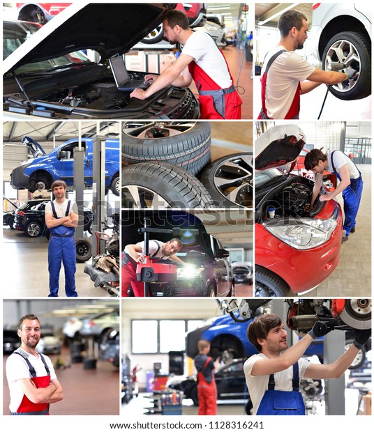 collage with motives in a car repair shop - car\
repair, change tyres, motor\
diagnosis