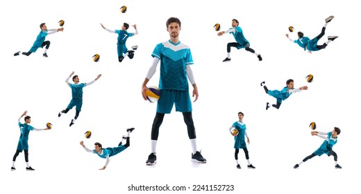 Collage of movements. Young man, volleyball player in motion, training, playing isolated over white background. Sport, development of movements. Concept of active lifestyle, health, ad