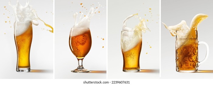 Collage. Mugs with fresh, cool foamy beer over grey background. Splashes and drops. Concept of alcohol, oktoberfest, drinks, holidays and festivals. Copy space for ad.