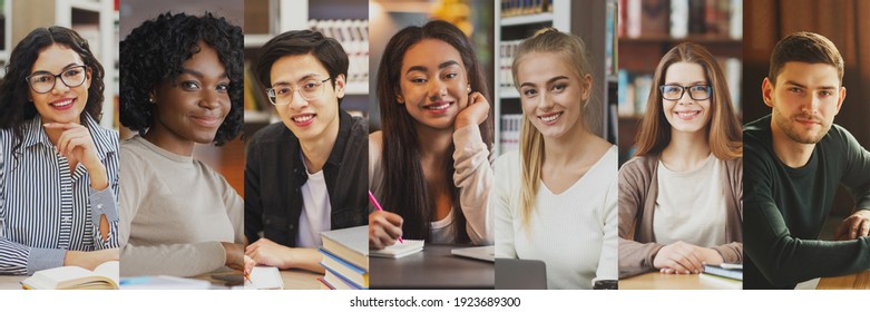 Collage Of Multicultural Students Portraits With Happy Diverse Young Men And Women Posing In Libraries Indoors, Smiling To Camera. Postgraduate Study, University And College Education. Panorama