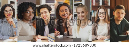 Collage Of Multicultural Students Portraits With Happy Diverse Young Men And Women Posing In Libraries Indoors, Smiling To Camera. Postgraduate Study, University And College Education. Panorama