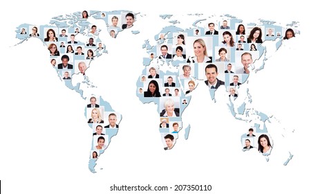 Collage of multiethnic business people on world map representing global business. 