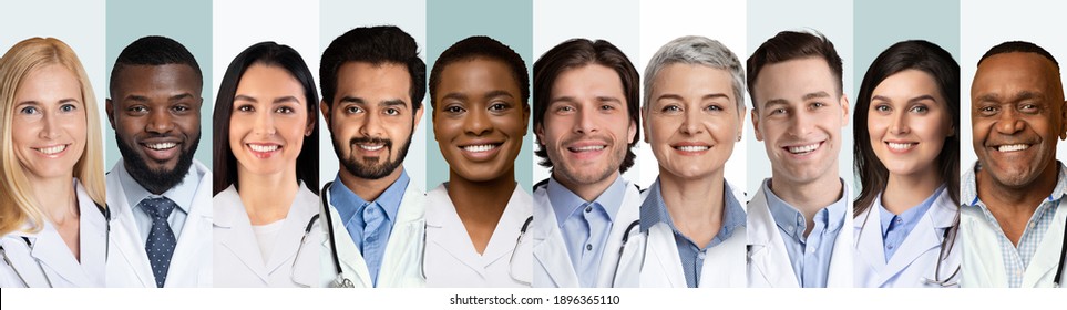 Collage Of Multiethnic Doctors And Medical Workers Portraits On White And Blue Backgrounds, Wearing Uniform. Happy Diverse Physicians And Nurses Headshots Collection. Panorama
