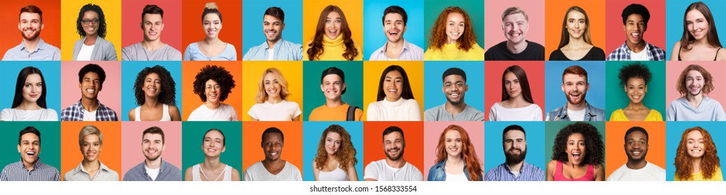 Collage of multiethnic happy people portraits on colored backgrounds, panorama - Shutterstock ID 1568333554