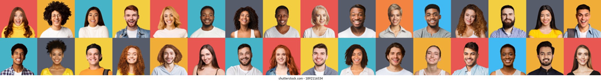 Collage Of Multiethnic Human Portraits With Beautiful Faces Of Real Men And Women Smiling Posing On Different Colorful Backgrounds. Panorama. Variety And Diversity Of Modern Society Concept - Shutterstock ID 1892116534