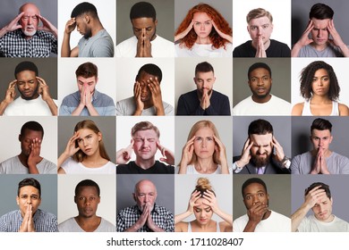Collage with multiethnic people suffering from headache, stress or problems