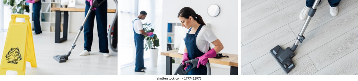 Collage Of Multiethnic Workers Of Cleaning Service Working In Office