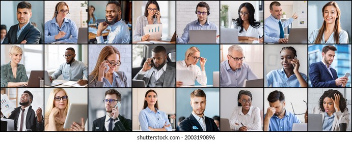 Collage Of Multiracial Business People Expressing Different Emotions, Using Gadgets, Doing Their Job. Set Of Multicultural Office Workers Portraits Showing Various Face Expressions. Diverse Society