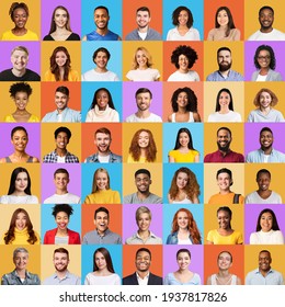 Collage Of Multiracial People Portraits With Faces Over Colorful Backgrounds