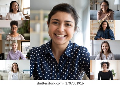 Collage of multiracial women webcam view. Head shot portraits diverse girls involved in distant communication lead by of Indian ethnicity leader. Virtual chat application worldwide easy usage concept