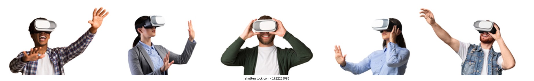 Collage Of Multiracial Young People Experiencing Virtual Reality Wearing VR Glasses Over White Studio Background. Females And Males Millennials Posing Wearing VR Headsets. Panorama - Powered by Shutterstock