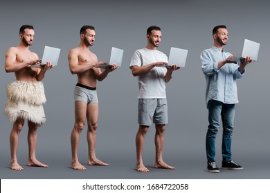 Collage Of Muscular Caveman, Man In Boxer Shorts And Businessman Using Laptops On Grey, Evolution Concept