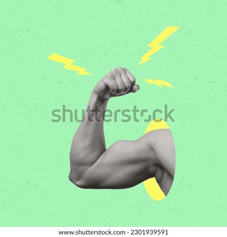 Collage with a muscular hand. The concept of training in the gym. Fitness motivation. Modern design. Copy space for ad.