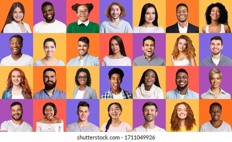 Collage Of Muticultural People Portraits With Female And Male Faces Smiling To Camera On Colorful Backgrounds. Diversity Concept