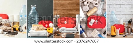 Collage of necessities for emergency bag on table Сток-фото © 