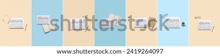 Collage of newspapers with eyeglasses, cup of coffee and stationery on beige and blue backgrounds