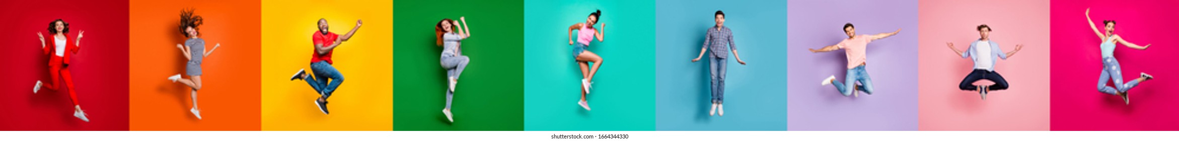 Collage of nine glad carefree attractive shiny modern multiethnic delight millennials person youngsters have diferent age good mood flying air isolated over rainbow background sale summer concept