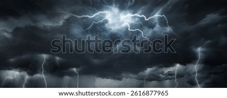 Collage, not AI. Dramatic sky with storm clouds before rain. Panoramic view of the stormy sky and dark clouds.  Concept on the theme of weather, natural disasters.