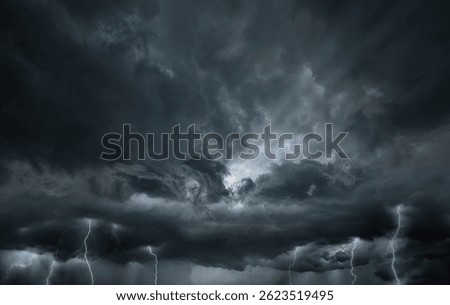 Collage, not AI. Dramatic sky with storm clouds before rain. Panoramic view of the stormy sky and dark clouds.  Concept on the theme of weather, natural disasters.