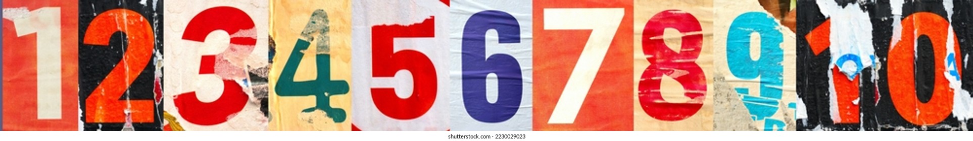 Collage of numbers one to ten or 1-10, ripped torn advertisement street posters grunge creased crumpled paper texture background placard backdrop surface