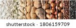 collage nuts and seeds  in shell, top view. assorted healthy food background