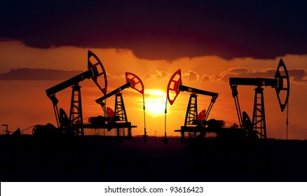 Collage. Oil field at sunset.