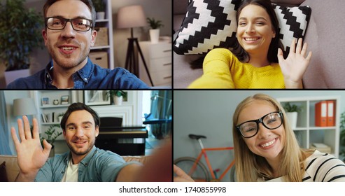 Collage Of Online Video Chat Of Four Friends On Computer Screen In Room. Caucasian Cheerful Men And Women Talking On Video Call. Males And Females Chatting Through Web Camera. Leisure Concept