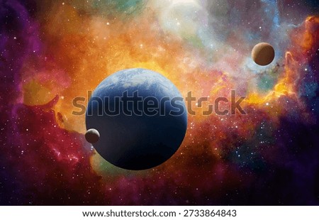 Collage of outer space featuring planet Earth in the foreground with visible atmosphere, the Moon nearby, and Mars in the distance. Colorful nebula, stars, and deep space background illustrate the solar system, astronomy, and the concept of space exploration and cosmic discovery.  Elements of this image furnished by NASA.