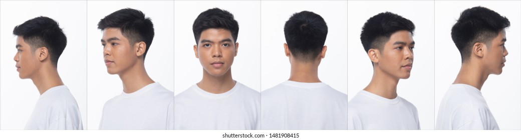 Collage Pack Group Of Asian Teenager Man After Make Up Hair Style. No Retouch, Fashion Face, Express Many Feeling And Posing. Studio Lighting White Background Isolated, Rear Side Back View 360