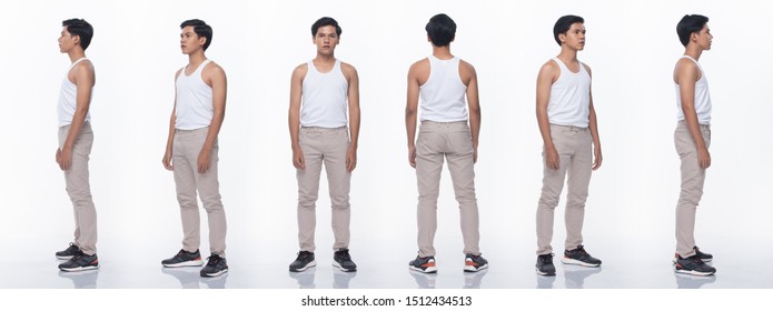 Collage Pack Group Of Asian Teenager Man Express Many Acting Posing In Full Length Snap Body. Studio Lighting White Background Isolated. Rear Side Back View 360