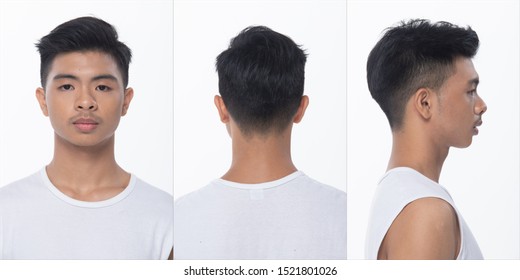 Collage Pack Group Of Asian Teenager Man After Make Up Hair Style. No Retouch, Fashion Face, Express Many Feeling And Posing. Studio Lighting White Background Isolated, Rear Side Back View