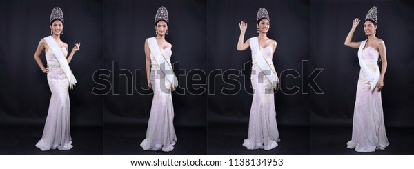 Collage Pack Group Portrait of Miss Pageant\
Beauty Contest in sequin Evening Ball Gown long dress with sparkle\
light Diamond Crown, Asian Woman fashion make up black hair style,\
full length dramatic