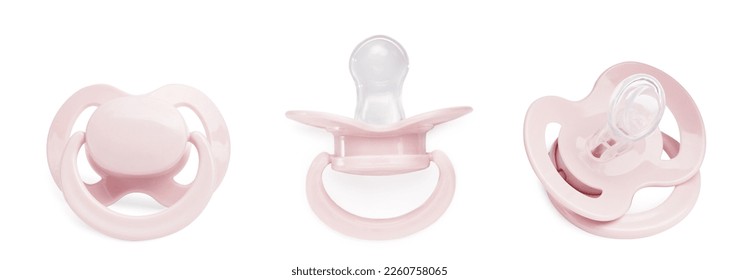 Collage of pale pink baby pacifier on white background, views from different sides