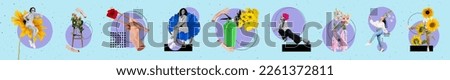 Collage panorama of abstract fresh organic blooming sunflowers chopsticks hold red gerbera aroma perfume bouquet isolated on blue color background
