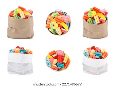 Collage with paper bags of tasty jelly candies on white background, different sides - Powered by Shutterstock