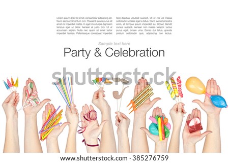 collage of party and celebration elements in a hands isolated on white background